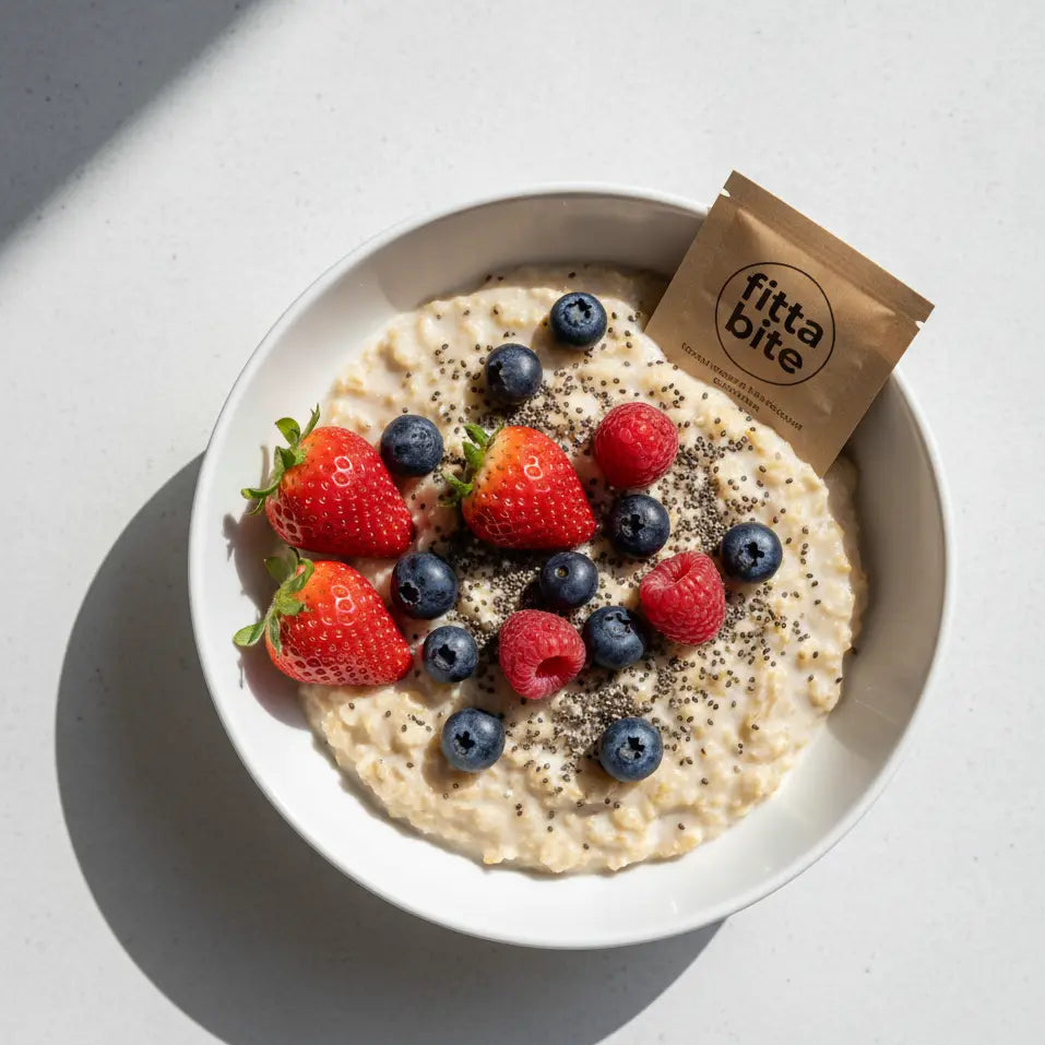 Bowl of oatmeal with berries and a fittabite package on a light background