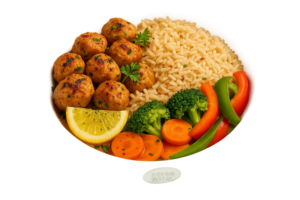 A vibrant, high-protein meal bowl featuring perfectly grilled soya chunks, fluffy brown rice, and fresh colorful vegetables like broccoli, carrots, and capsicum, lightly drizzled with olive oil. The bowl is placed on a clean white background, with soft natural lighting highlighting the textures. Garnished with fresh herbs, spices, and a slice of lemon on the side. Fitta Bite logo subtly visible on the bowl or sticker, styled for a premium healthy meal subscription website.