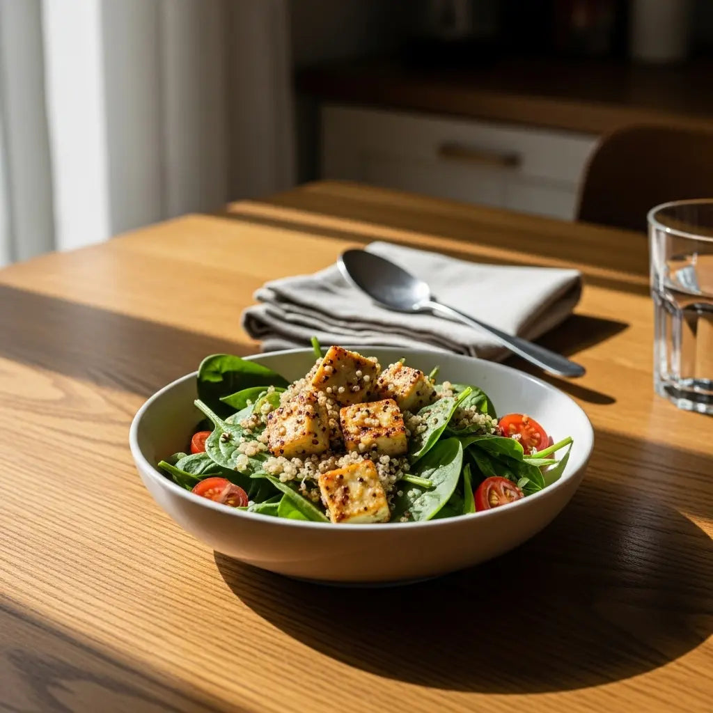 Bowl of salad with tofu on a wooden table