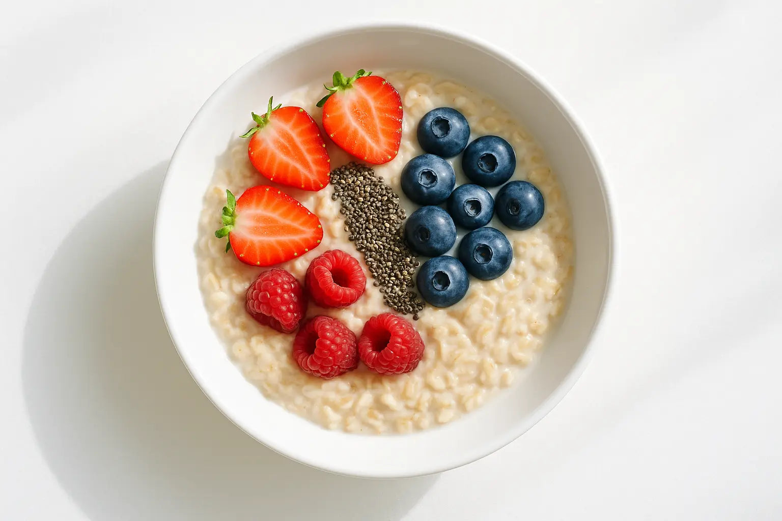 Healthy breakfast bowl on a clean white plate, rolled oats cooked in skim milk, topped with chia seeds and fresh colorful berries (strawberries, blueberries, raspberries), Instagram-friendly, bright natural lighting, top view, minimalistic background, fresh & nutritious look, portion-controlled.